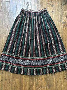 Vintage Trachten Dirndl Skirt Black Green Red Stripe 28" Waist-GORGEOUS